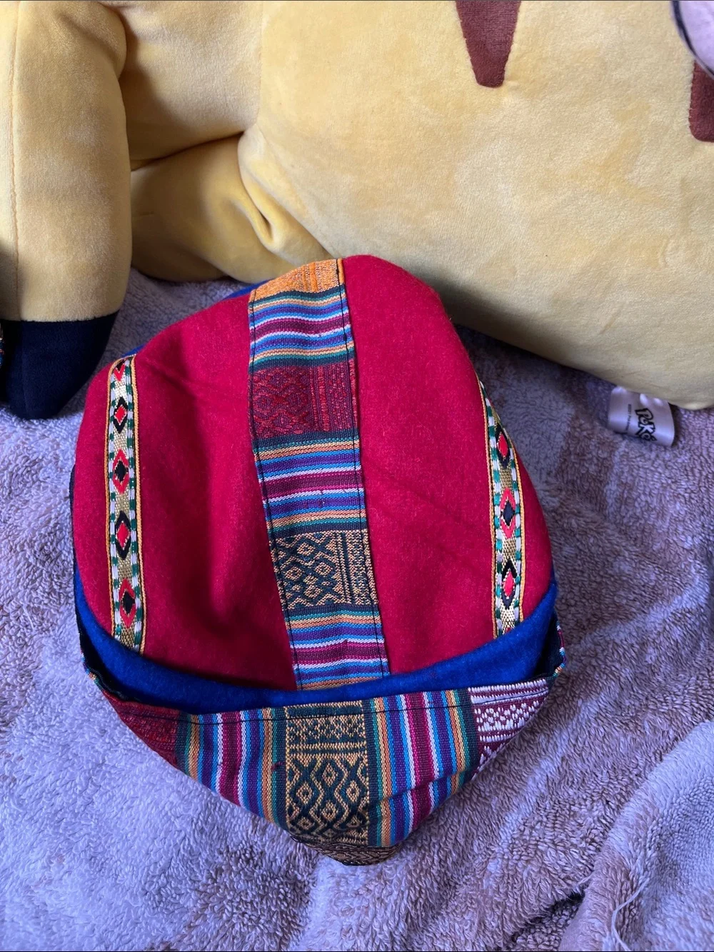 Men's Red Ethnic-Patterned Cap with Multicolor Trim